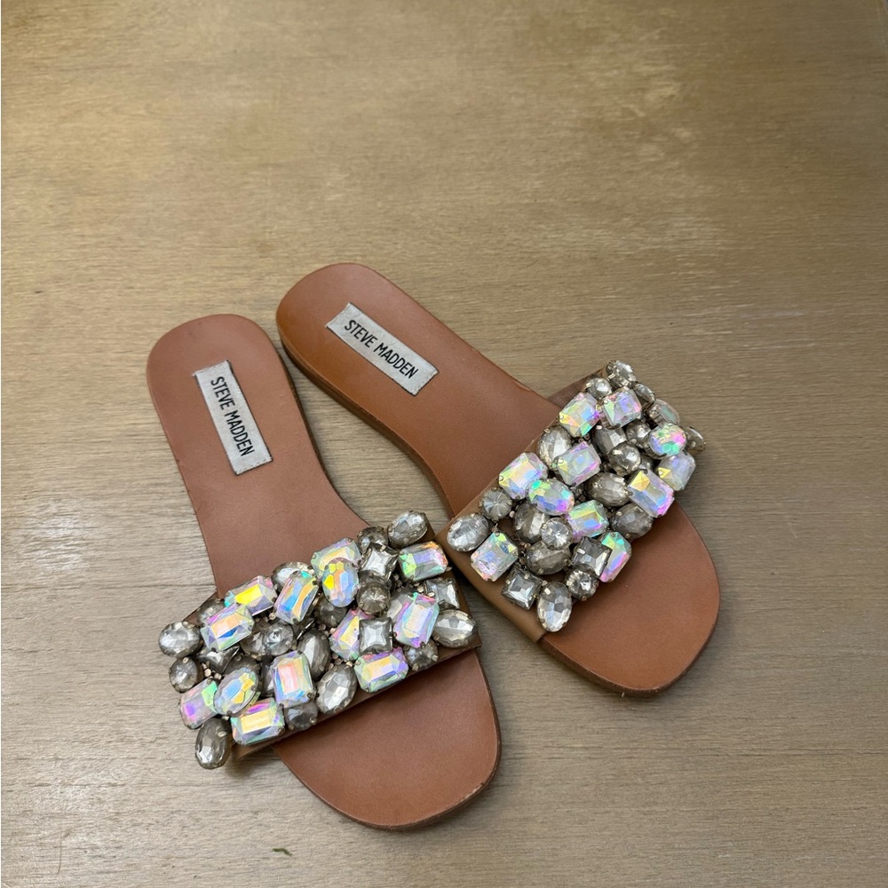 Steve Madden Women's Tan Slide Sandals with Multi Colored Embellishments